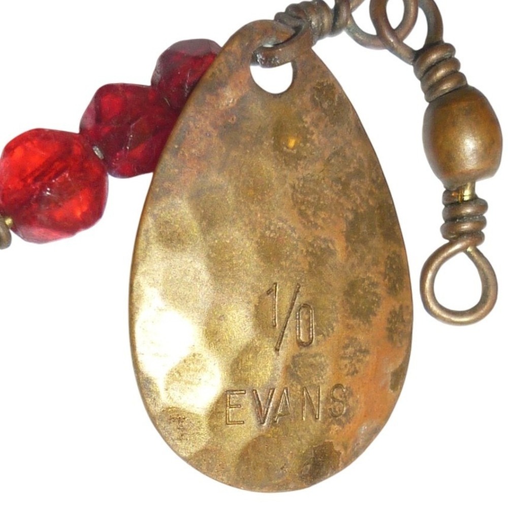 Vintage Evans 1/6 oz Spinner Fishing Lure Brass Hammered Blade Red Beads Treble